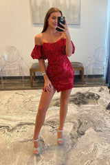 Sheath/Column Detachable Sleeves Sequins Burgundy Short Homecoming Dress