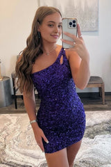 Sheath One Shoulder Purple Sequins Short Homecoming Dress