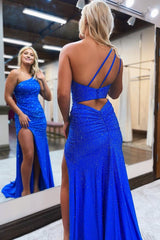 Sheath One Shoulder Royal Blue Long Prom Dress with Beading