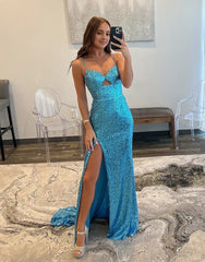 Sheath Spaghetti Strap Sequin Prom Dress with Slit