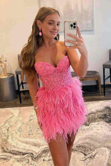 Sheath Sweetheart Lace Feather Skirt Homecoming Dress