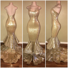 Shiny Sequins Mermaid Spaghettis-Straps Layers-Train Gold Prom Dresses