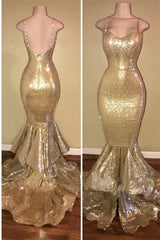 Shiny Sequins Mermaid Spaghettis-Straps Layers-Train Gold Prom Dresses