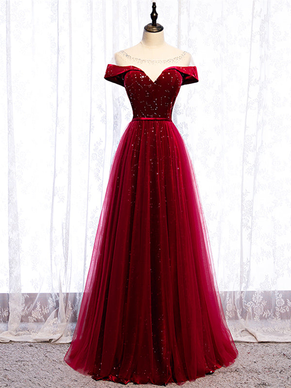 Shop Scoop Cap Sleeves See Through Sequin Tulle Burgundy Prom Dress Under 119