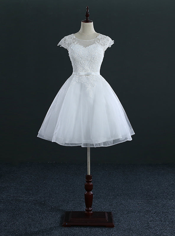 Short Knee Length Tulle Lace Cap Sleeve Wedding Dresses