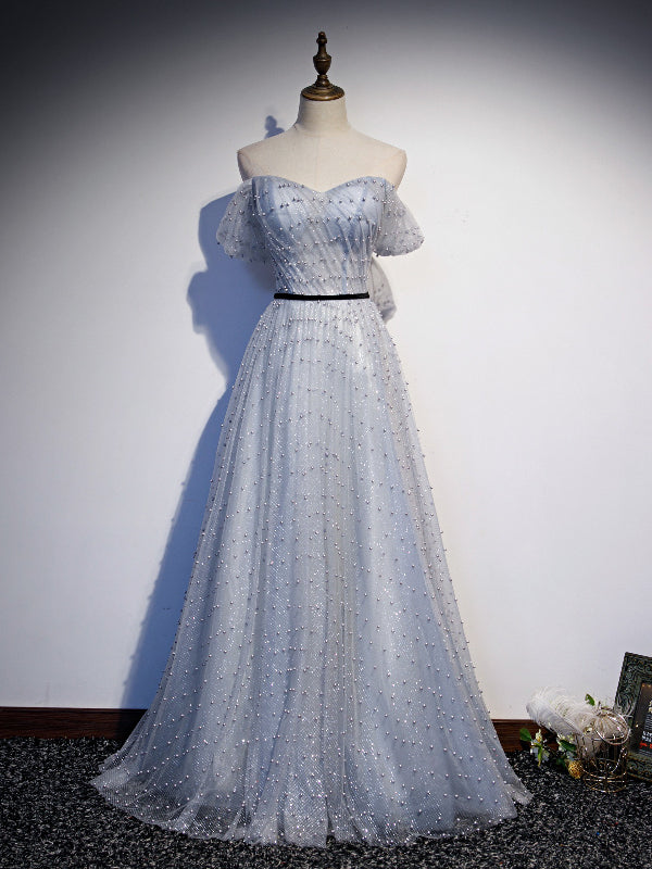 Silver Gray Tulle Sequins Pearls Pleats Prom Dress