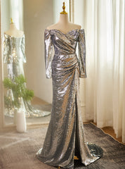 Silver Sequins Long Sleeve Split Prom Dres