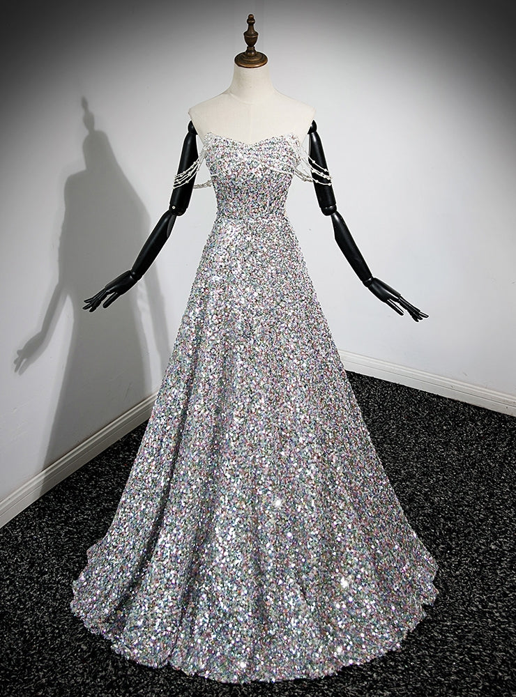 Silver Sequins Strapless Beading Prom Dress