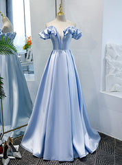 Simple Blue Satin Off the Shoulder Prom Dress