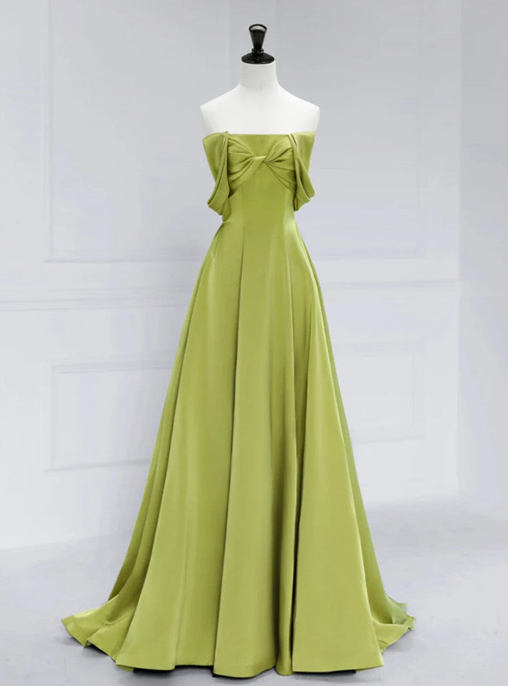 Simple Green Satin Off the Shoulder Pleats Prom Dress