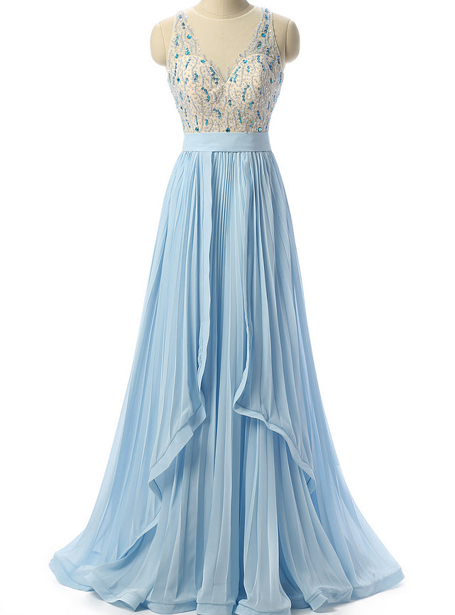 Sky Blue Beaded Prom Dress Formal Women Evening Dresses