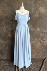 Sky Blue Off Shoulder Spaghetti Strap Sweetheart Chiffon Bridesmaid Dresses