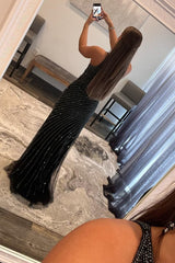 Sparkly Black Sequins Waist Cut-Out Prom Dress with Slit