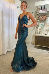 Sparkly Dark Green Mermaid Sequins Long Prom Dress with Lace-Up Back