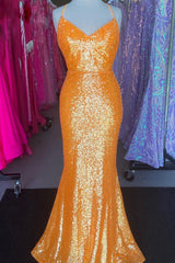 Sparkly Orange Sequins Mermaid Long Prom Dress