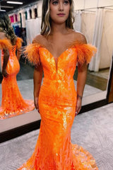 Sparkly Orange Sequins Off the Shoulder Mermaid Long Prom Dress with Feathers