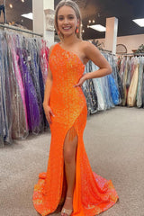 Sparkly Orange Sequins One Shoulder Mermaid Long Prom Dress with Fringes