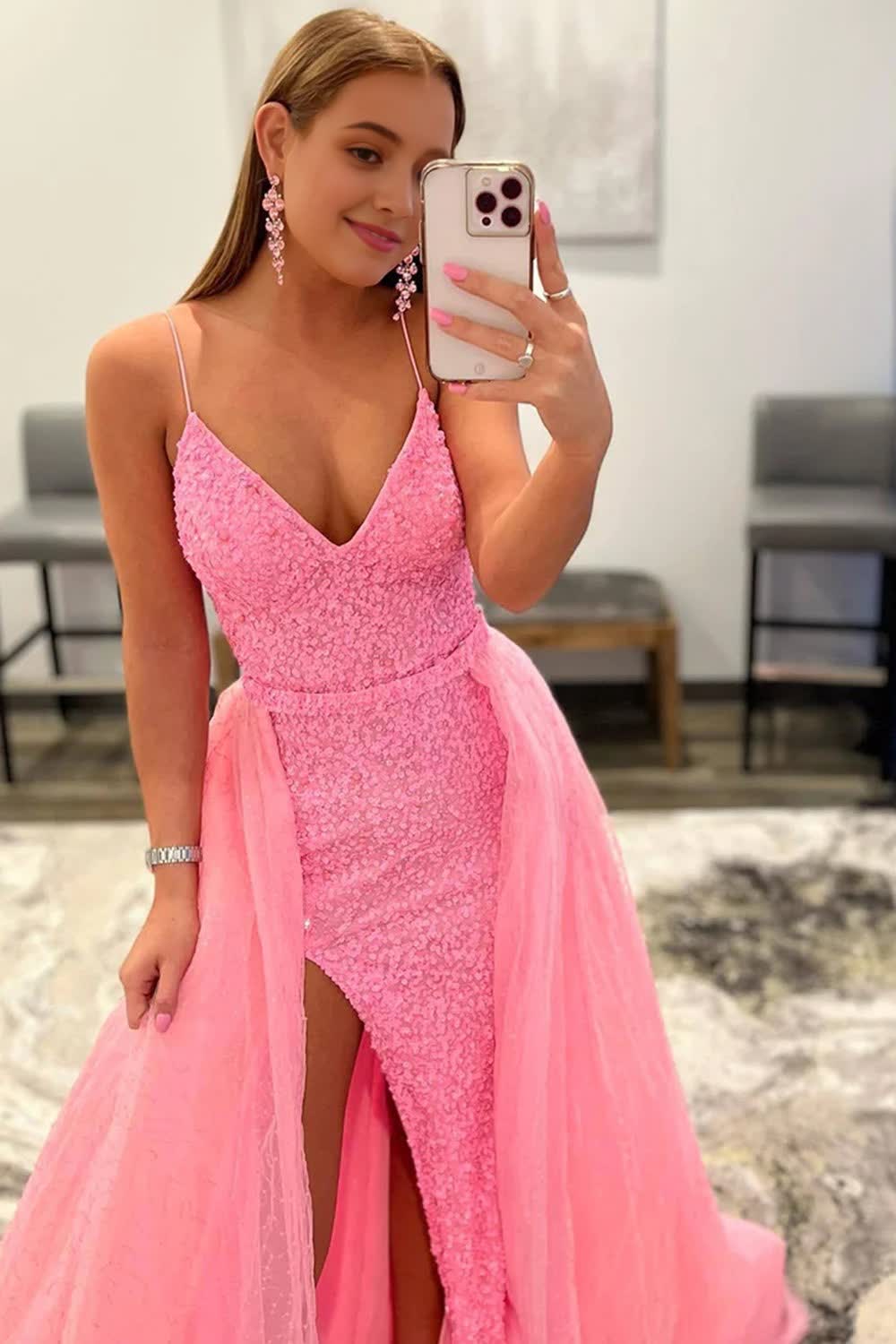 Sparkly Pink Detachable Train Sequins Prom Dress with Slit