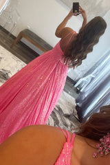 Sparkly Pink One Shoulder A Line Sequins Prom Dress