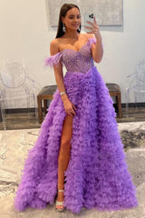 Sparkly Purple Beaded Long Prom Dress with Ruffles