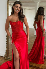 Sparkly Red Sheath Corset Long Prom Dress with Lace