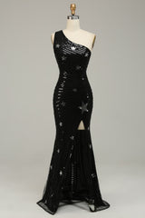 Sparkly Sequins Black One Shoulder Long Prom Dress with Stars