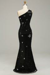 Sparkly Sequins Black One Shoulder Long Prom Dress with Stars