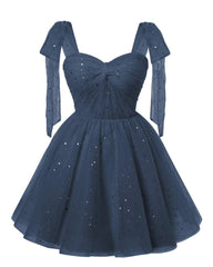 Sparkly Starry Navy Blue Tulle Short Homecoming Dresses Spaghetti Bow Straps Prom Dress Sequin Cocktail Party Dress for Teens