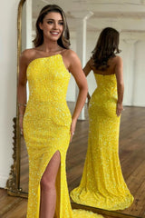 Sparkly Yellow Detachable Straps Mermaid Sequins Prom Dress with Slit