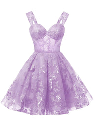 Teens Sparkly Tulle Lilac Homecoming Dresses Spaghetti Straps Short Cocktail Party Prom Dress