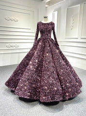 To Fit Your Style Fashion Pink Ball Gown Sequins Long Sleeve Prom Dress