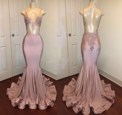 Trendy Pink Beads Spaghetti Strap Prom Party Gowns| Mermaid Prom Party Gowns