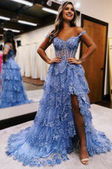 Tulle Appliques Off-the-Shoulder Ruffle Long Prom Dress