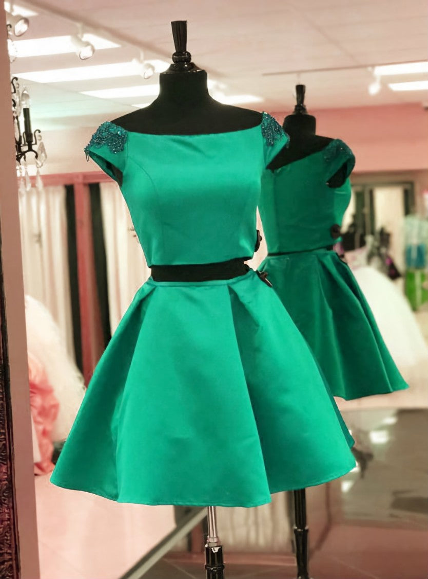 Two Piece Satin Cap Sleeves Homecoming Dress With Beading