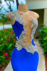 V-neck Mermaid Appliques Lace Sequined Open Back One Shoulder Floor-length Sleeveless Prom Dress