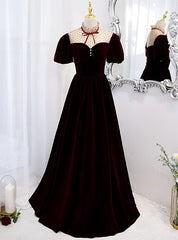 Velvet Puff Sleeve High Neck Backless Prom Dress