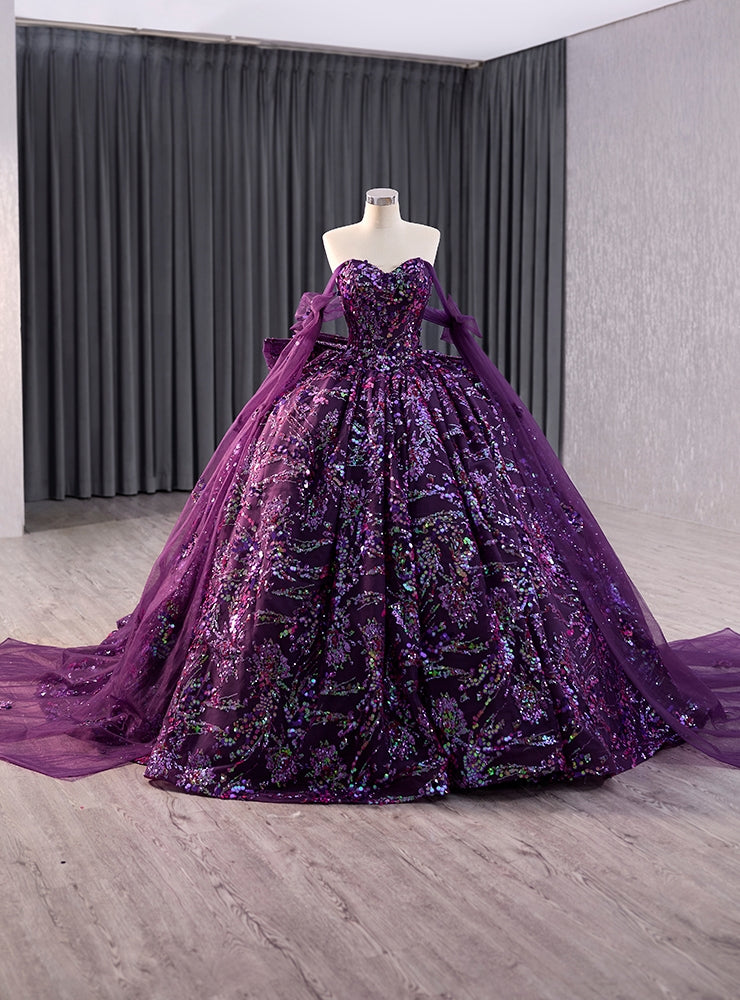 Vintage Purple Tulle Sequins Strapless Prom Dress