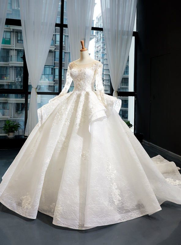 White Ball Gown Tulle Appliques Long Sleeve Backless Wedding Dress