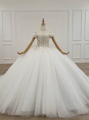 White Ball Gown Tulle Off the Shoulder Appliques Beading Wedding Dress