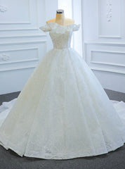 White Ball Gown Tulle Sequins Off the Shoulder Wedding Dress