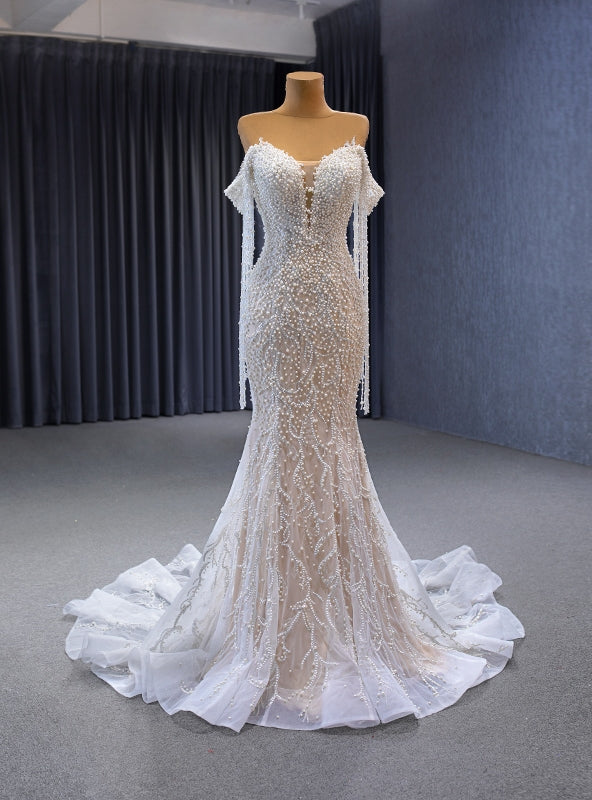 White Mermaid Pearls Sweetheart Wedding Dress