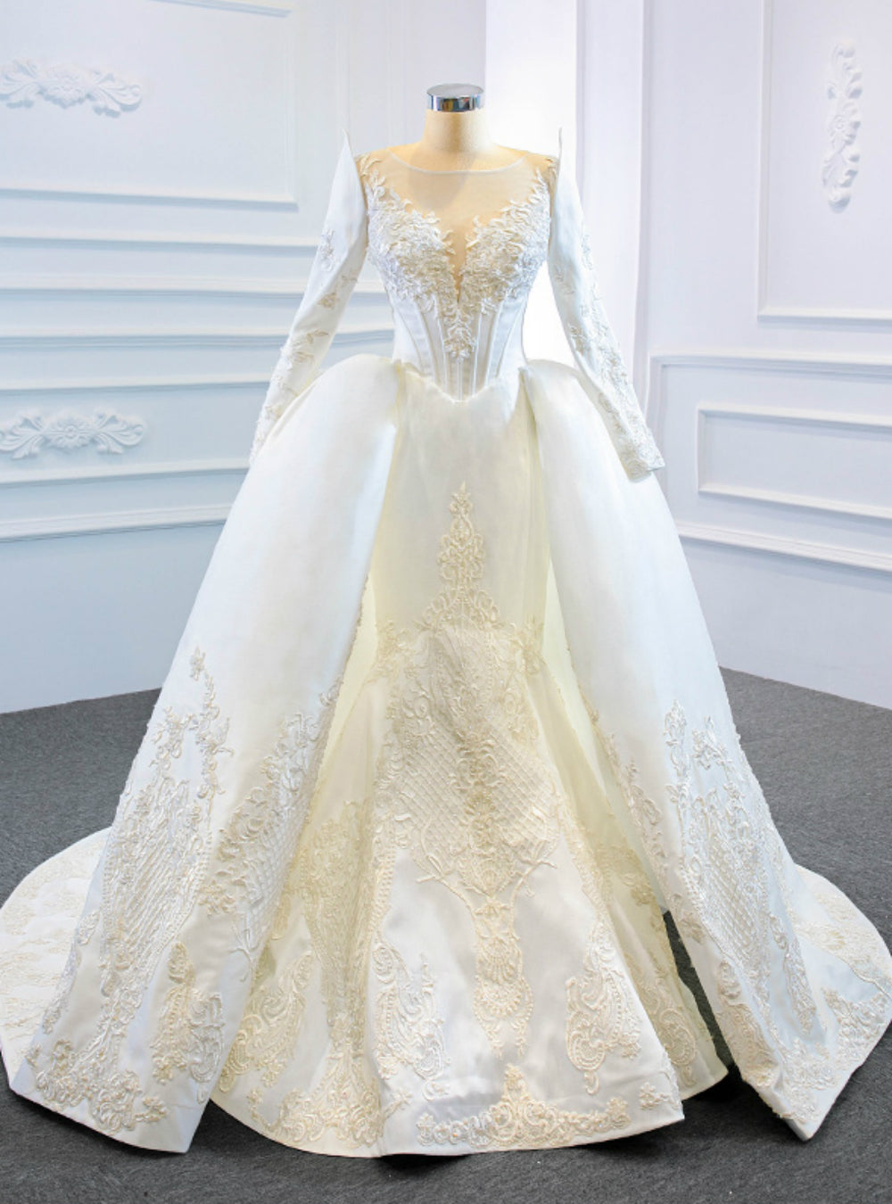 White Mermaid Satin Appliques Long Sleeve Beading Wedding Dress