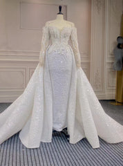 White Mermaid Sequins Pearls Long Sleeve Wedding Dress With Detachable Train