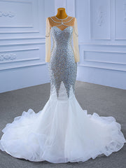 White Mermaid Tulle Crystal Beading Long Sleeve Wedding Dress