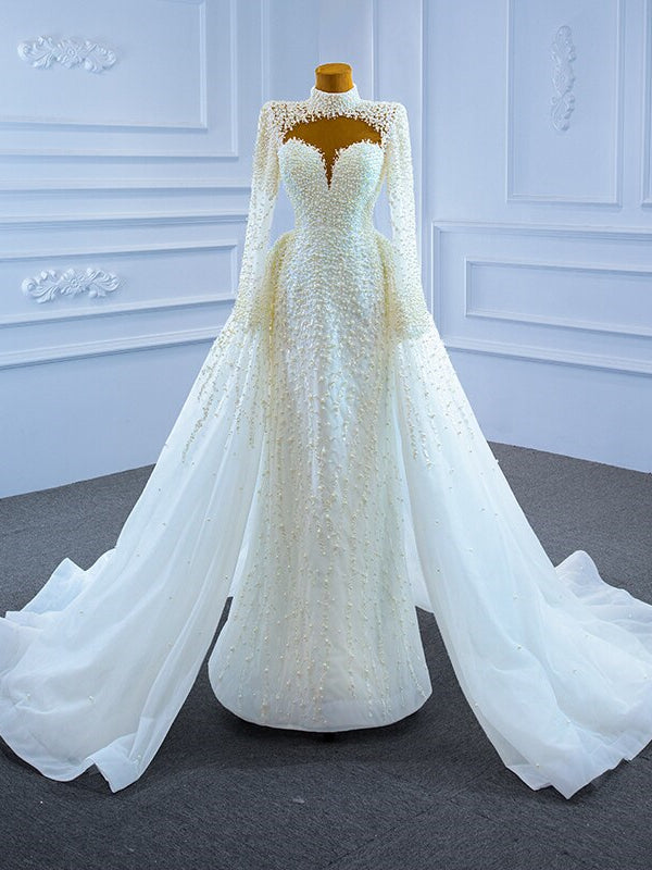 White Mermaid Tulle Long Sleeve Pearls Wedding Dress