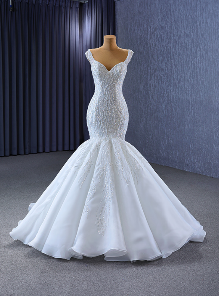 White Mermaid Tulle Strap Wedding Dress