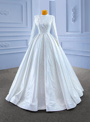 White Satin High Neck Long Sleeve Beading Wedding Dress