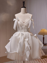 White Satin Lace Beading Homecoming Dress