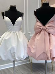 White Satin Spaghetti Straps Bow Homecoming Dress