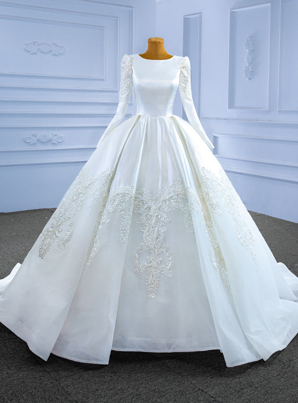 White Satin Tulle Long Sleeve Appliques Wedding Dress